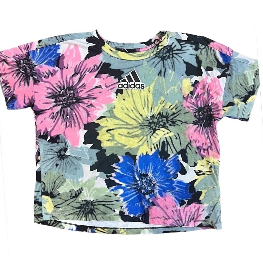 Adidas Floral Crop Top Loose Fit T Shirt Girls Size L Large 14 Colorful Hibiscus